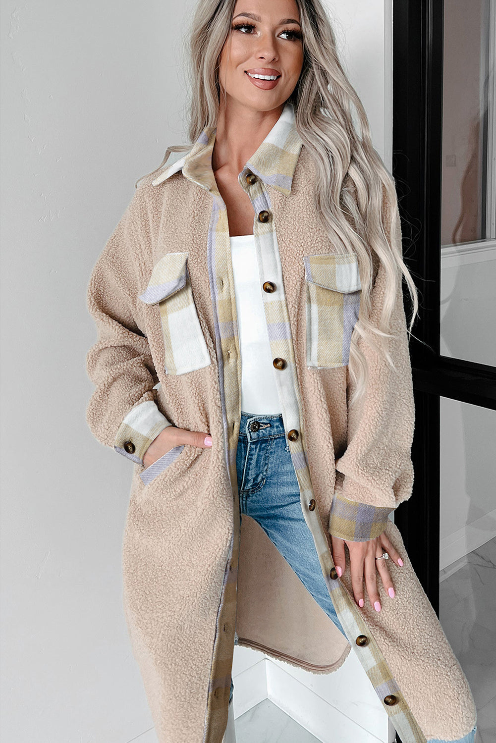 Smoke Gray Plaid Patchwork Collared Button-up Sherpa Long Coat-Chaelisa's New Jammies