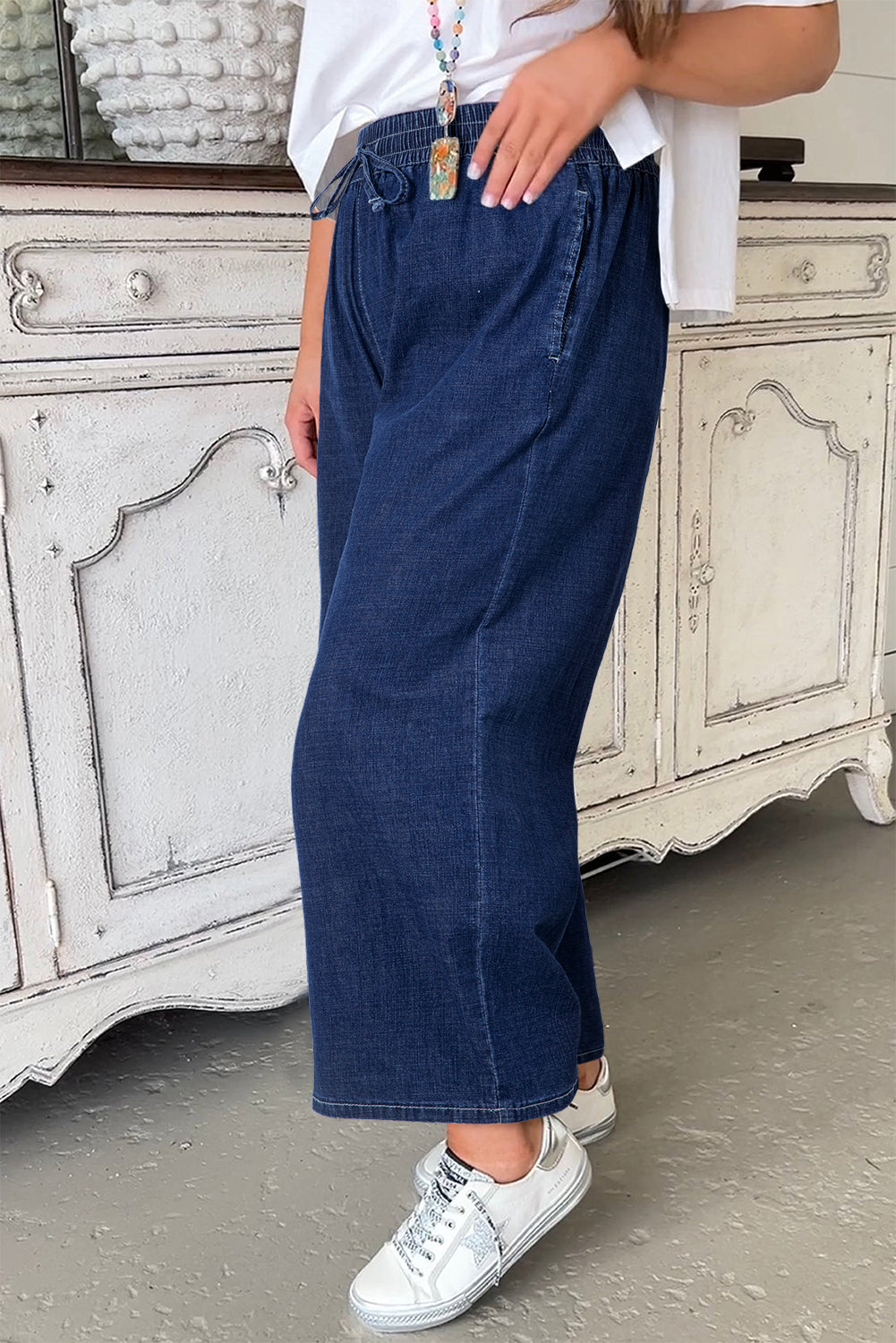 Real Teal Plus Size Drawstring High Waist Wide Leg Casual Jeans-Chaelisa's New Jammies