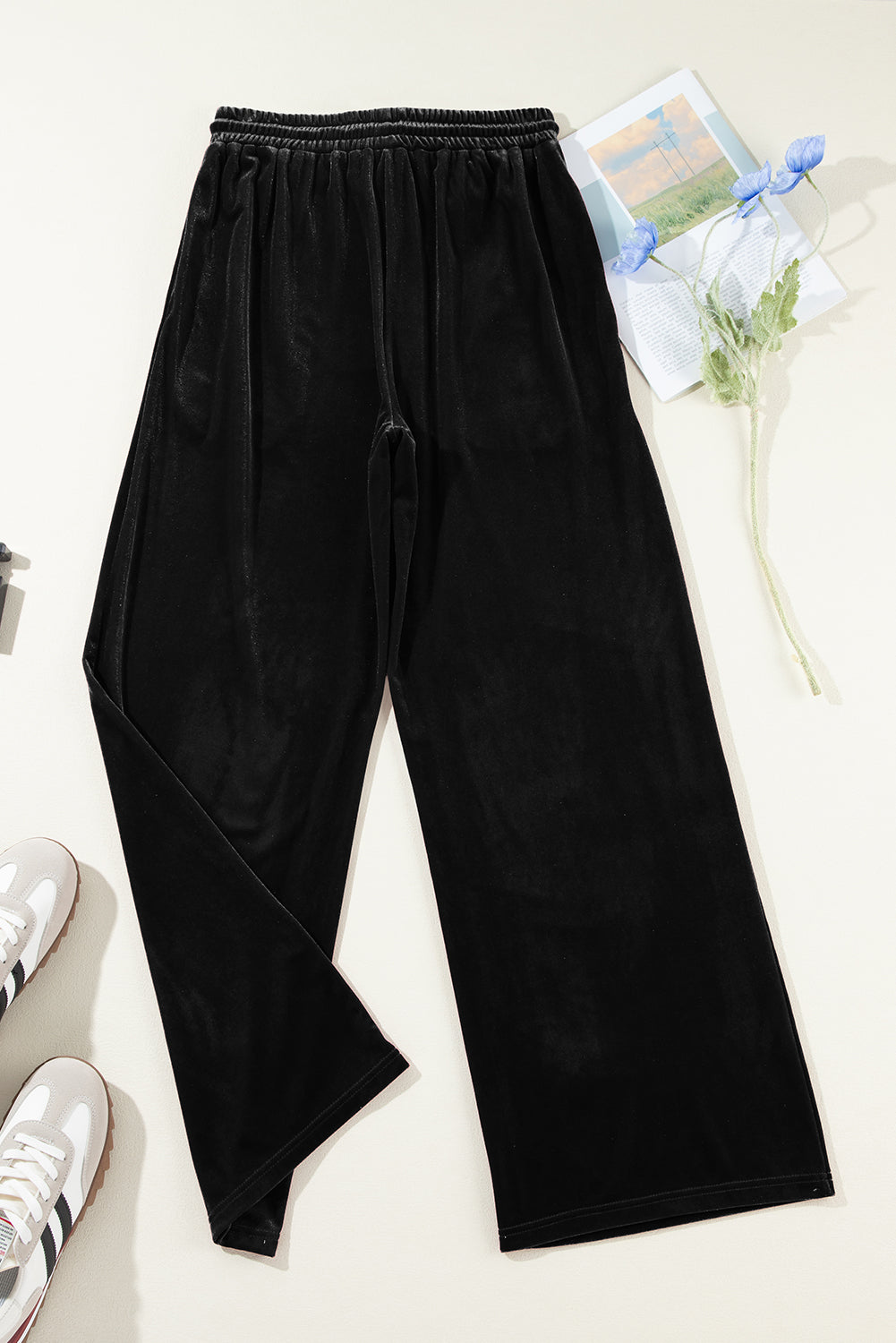 Black Solid Drawstring Waist Wide Leg Pants-Chaelisa's New Jammies