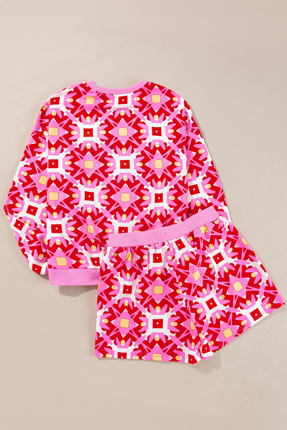 Sachet Pink Geometric Print Long Sleeve Top and Drawstring Shorts Set-Chaelisa's New Jammies