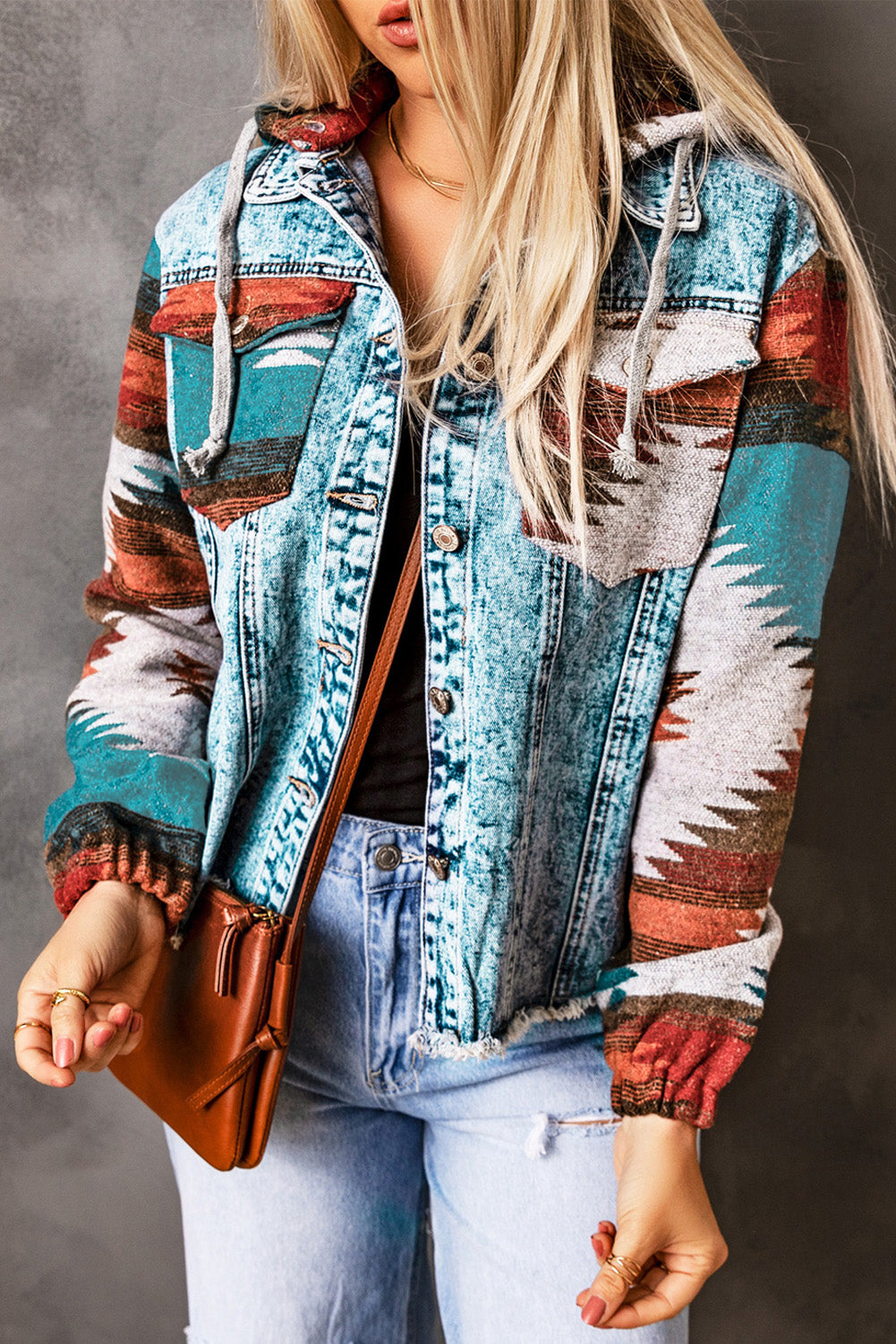 Multicolor Aztec Print Frayed Hem Denim Jacket-Chaelisa's New Jammies