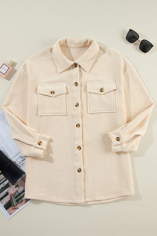 Oatmeal Corduroy Flap Pocket Button Up Shacket-Chaelisa's New Jammies