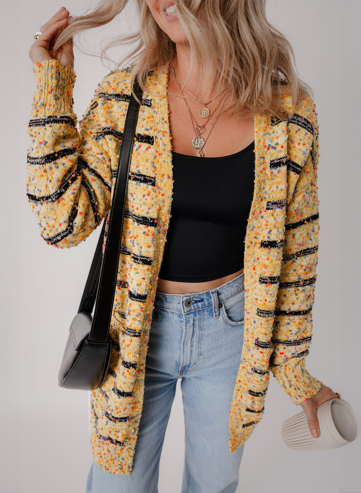 Beige Striped Pom Pom Knit Open Front Long Cardigan-Chaelisa's New Jammies