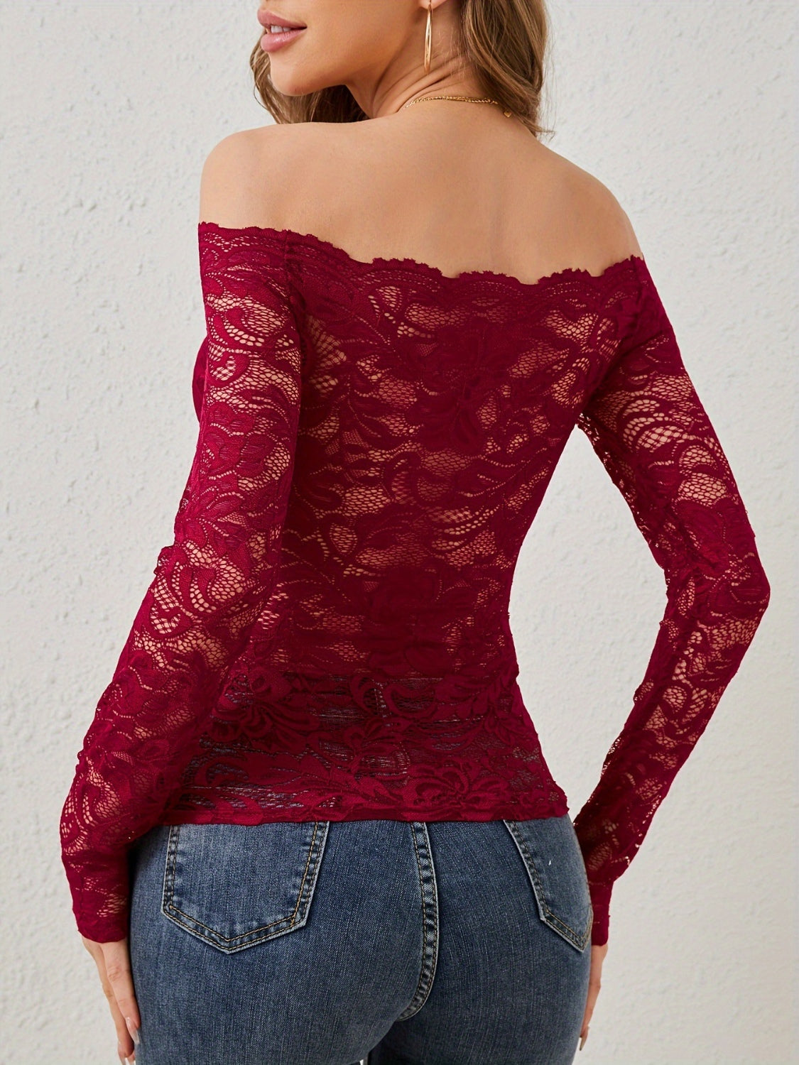 Off-Shoulder Long Sleeve Lace Top-Chaelisa's New Jammies