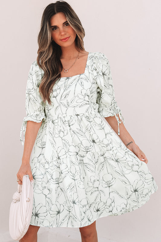 Beige Floral Print Square Neck Shirred Back Puff Sleeve Mini Dress-Chaelisa's New Jammies