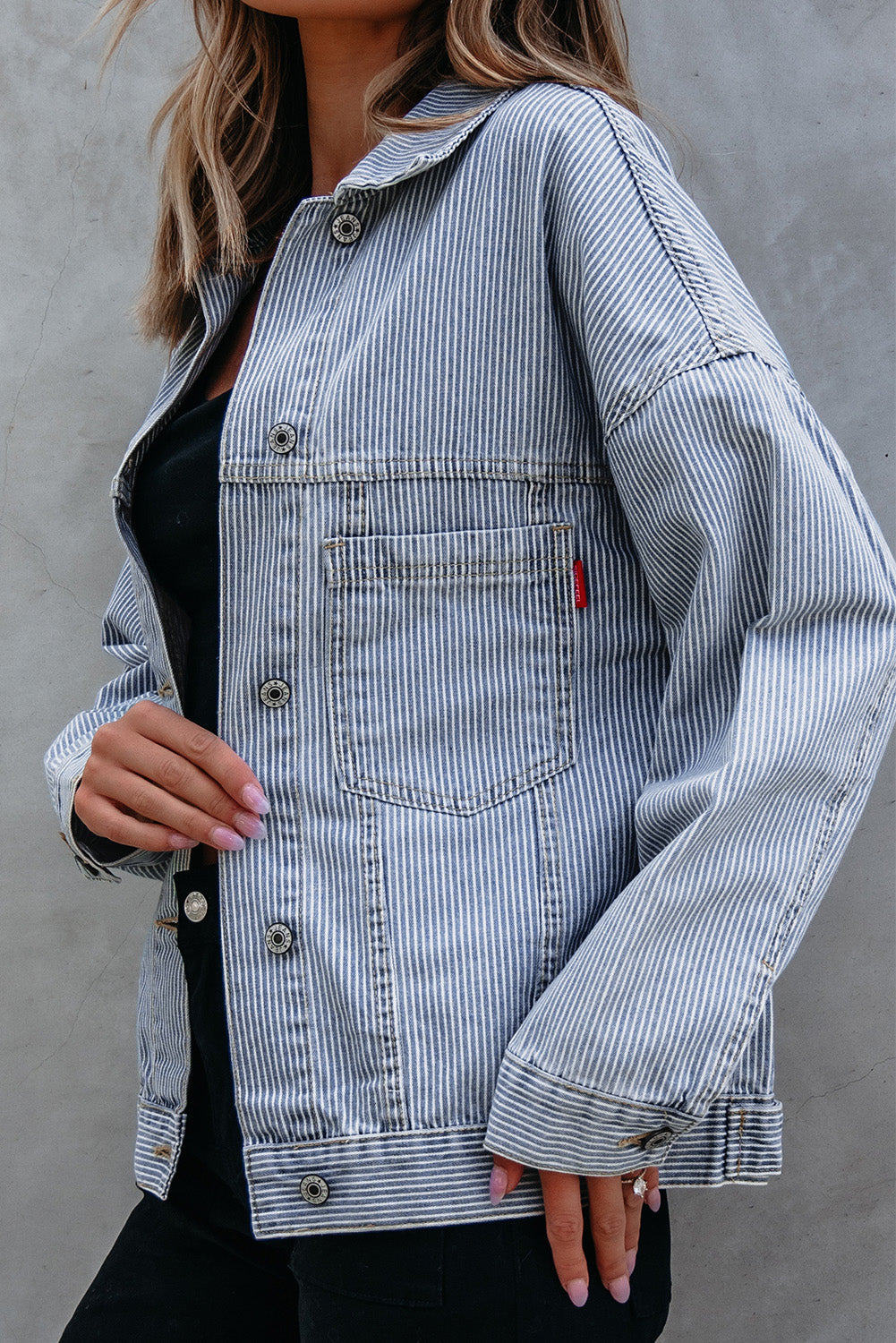 Sky Blue Stripe Washed Oversize Pocketed Denim Jacket-Chaelisa's New Jammies