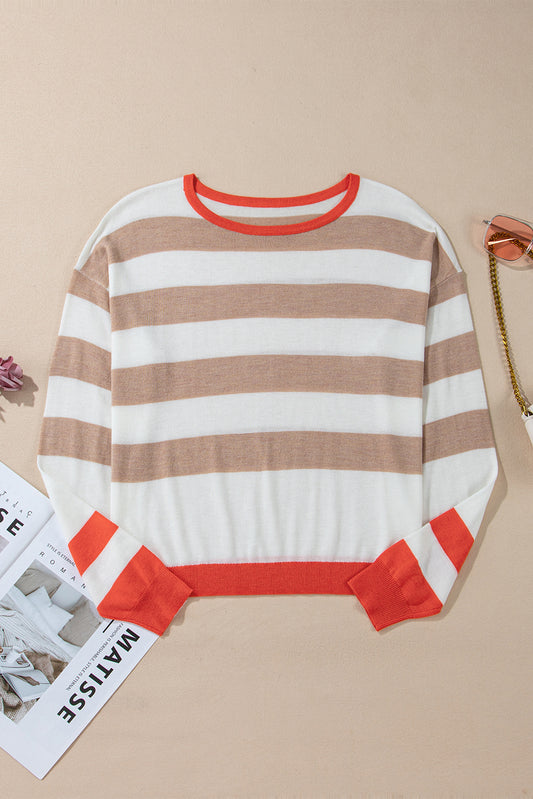 Apricot Colorblock Striped Round Neck Drop Shoulder Sweater-Chaelisa's New Jammies