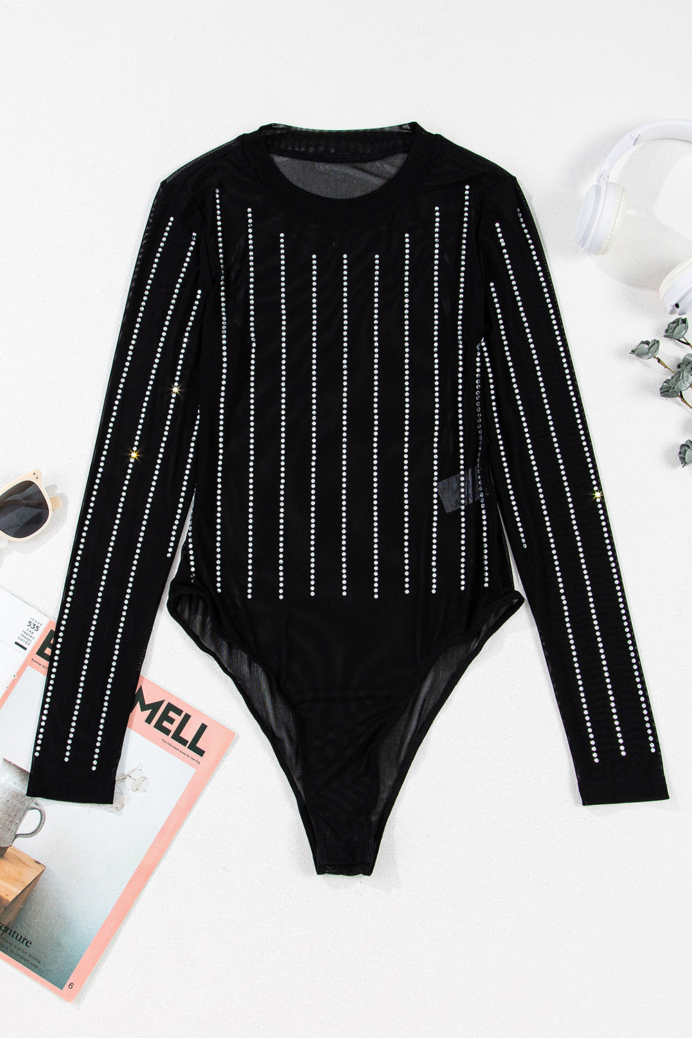 Black Rhinestone Decor Striped Mesh Long Sleeve Bodysuit-Chaelisa's New Jammies