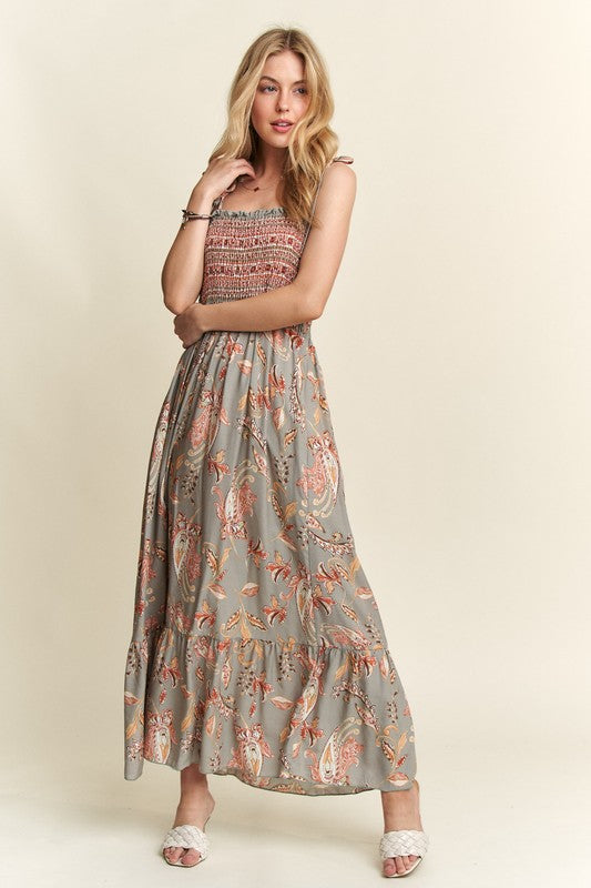 ADORA Smocked Printed Square Neck Tie Shoulder Cami Dress-Chaelisa's New Jammies