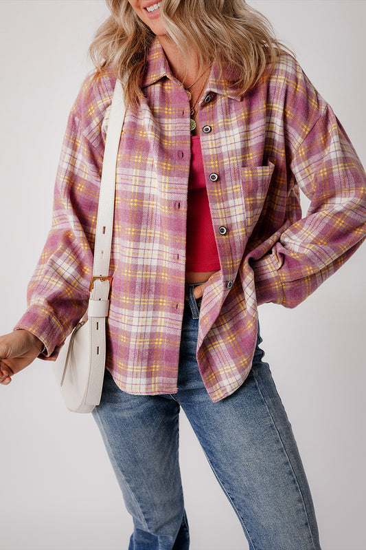 Pink Plaid Print Chest Pocket Long Sleeve Shacket-Chaelisa's New Jammies