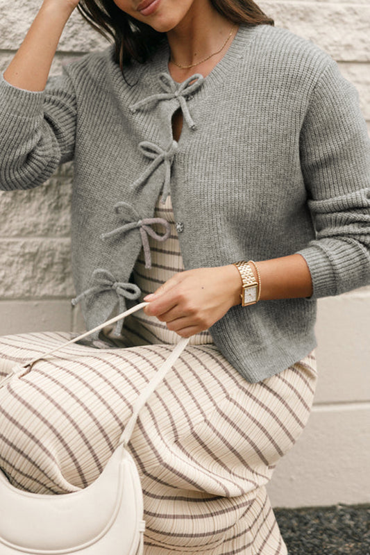Philippine Gray Ribbed Knit Bow Front Buttoned Cardigan-Chaelisa's New Jammies