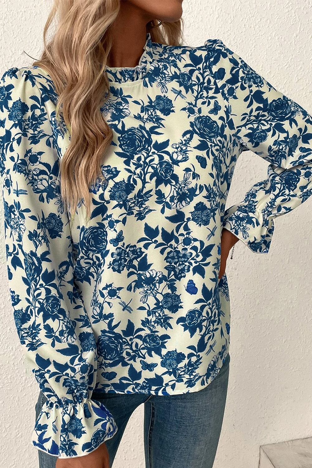 Sky Blue Floral Print Flounce Sleeve Keyhole Back Blouse-Chaelisa's New Jammies