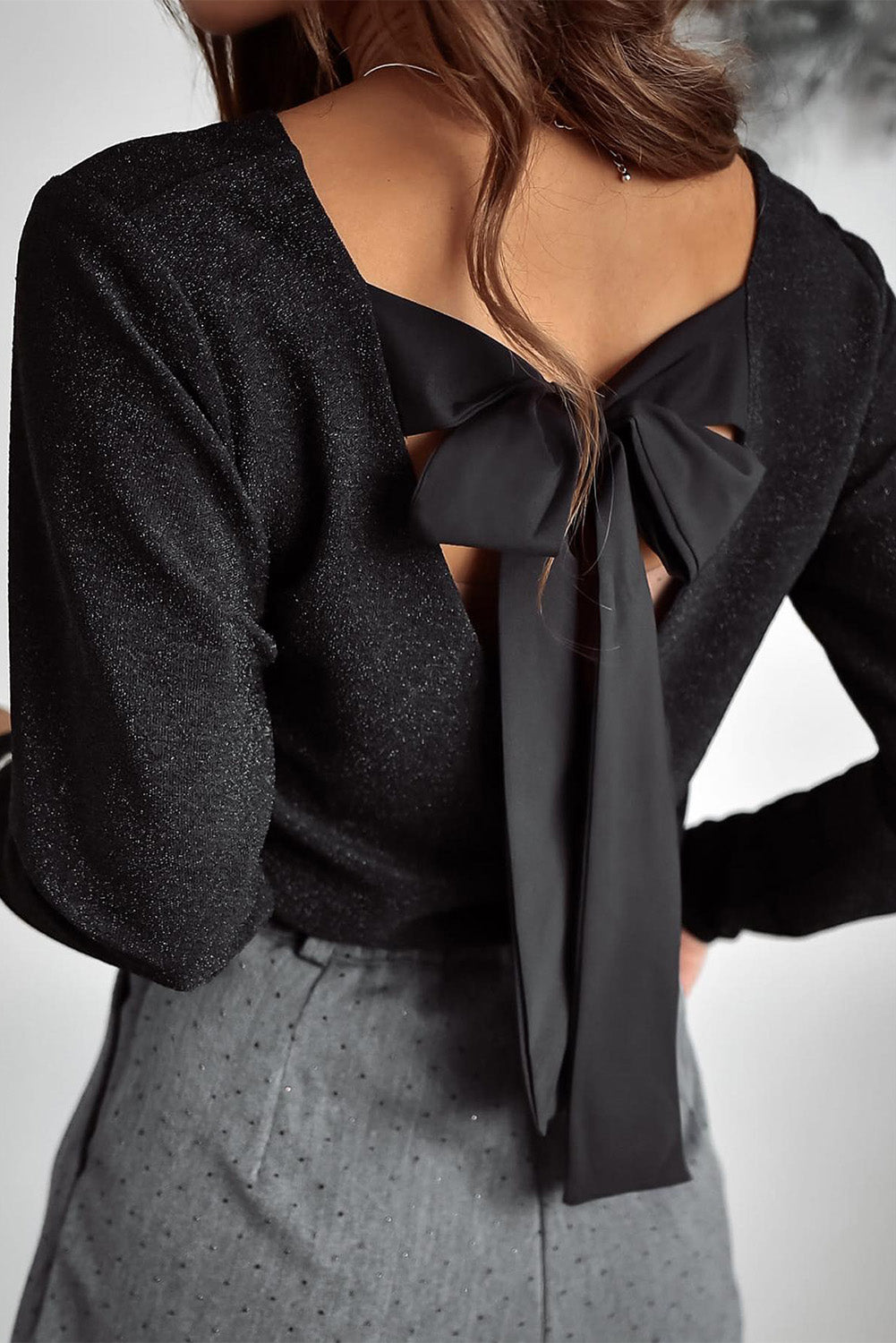 Black Metallic Bowknot Open Back V Neck Top-Chaelisa's New Jammies