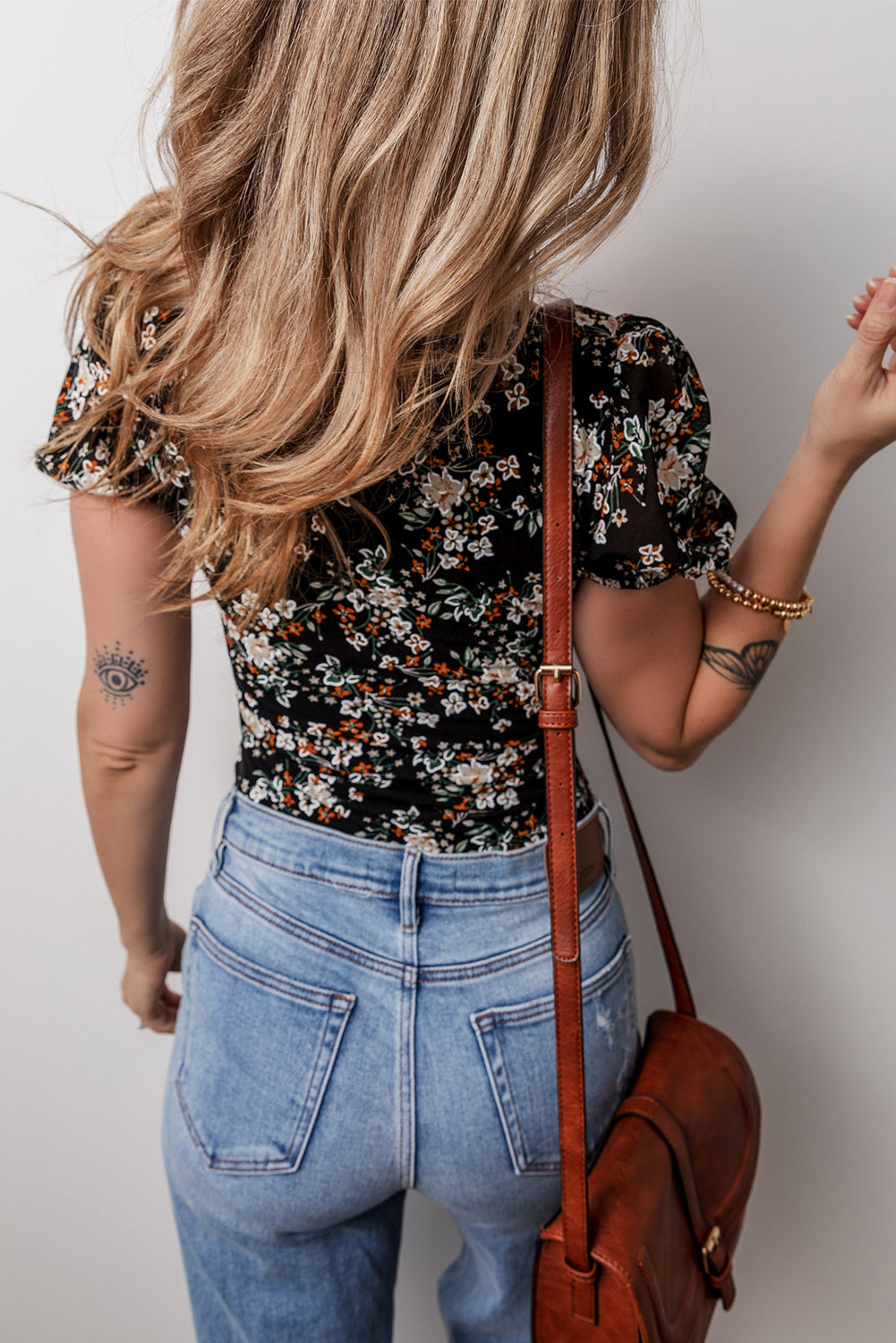 Black Floral Print U Neck Short Puff Sleeve Bodysuit-Chaelisa's New Jammies