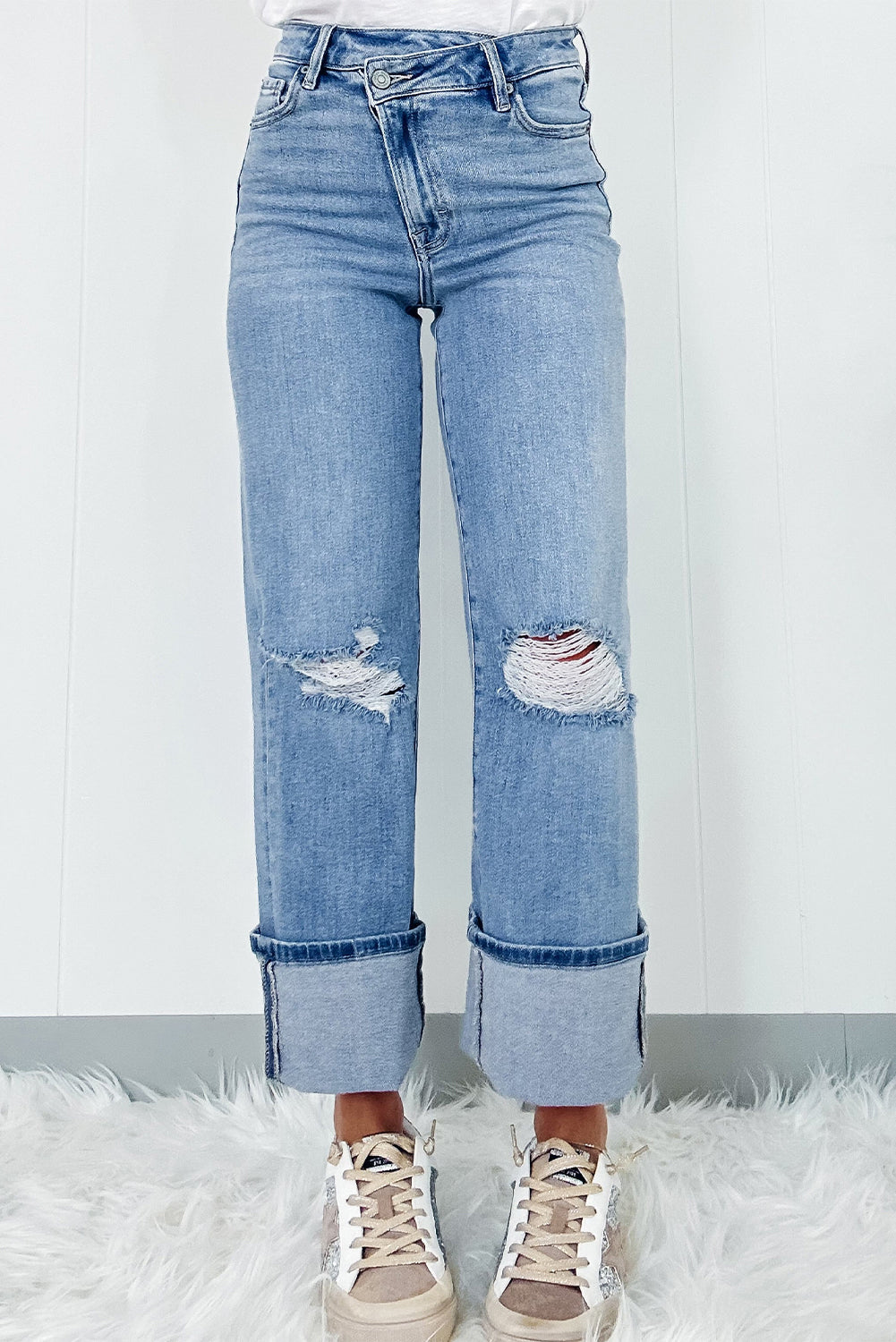 Dusk Blue High Rise Asymmetric Button Zip Fly Ripped Jeans-Chaelisa's New Jammies