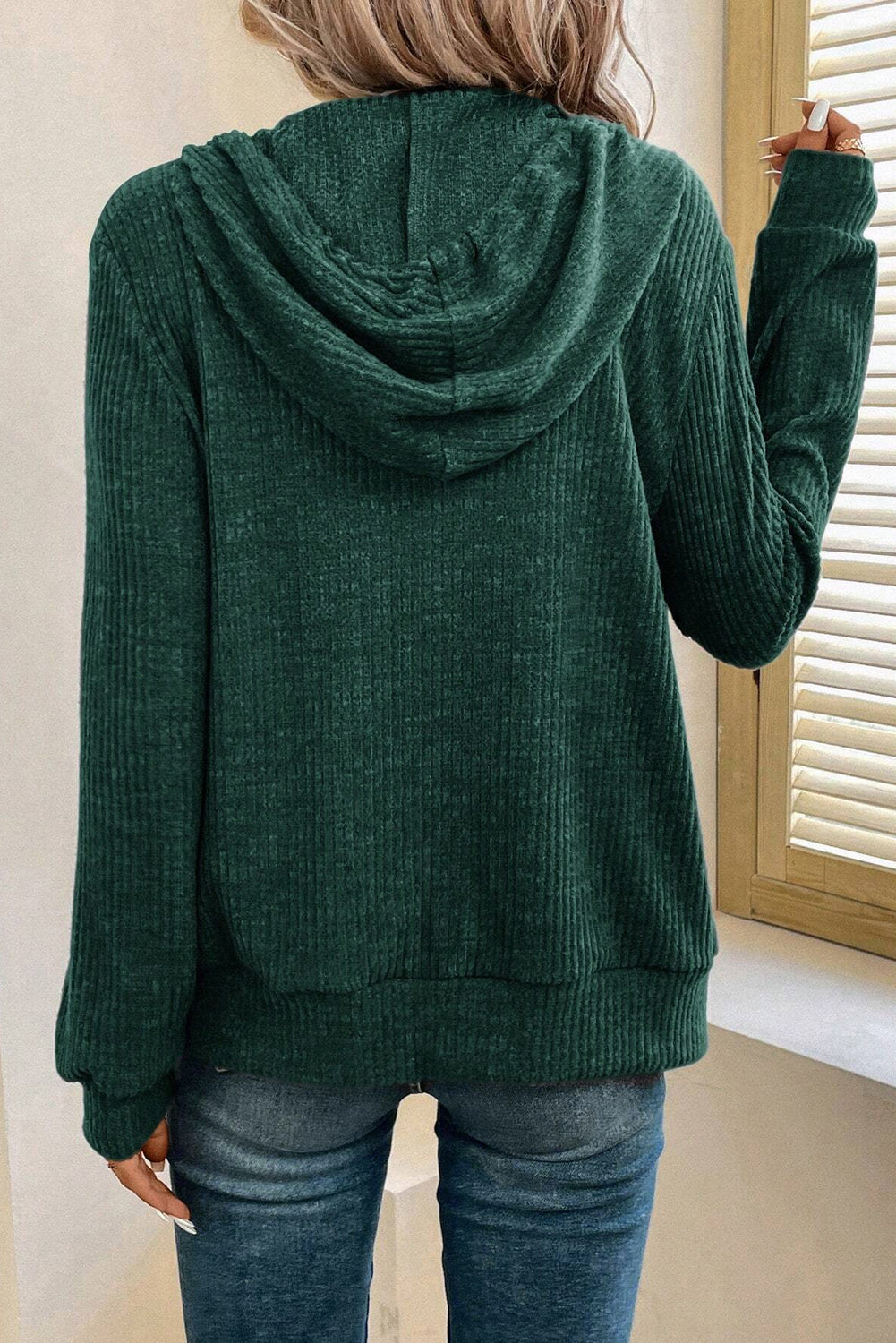 Evergreen Ribbed Zip Up Front Drawstring Hoodie-Chaelisa's New Jammies