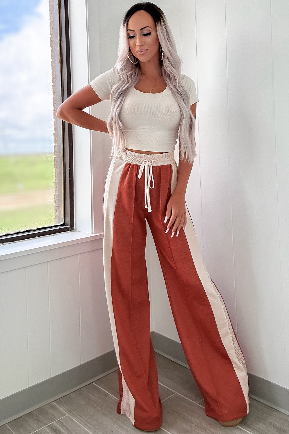 Flamingo Color Block Drawstring High Waist Wide Leg Pants-Chaelisa's New Jammies