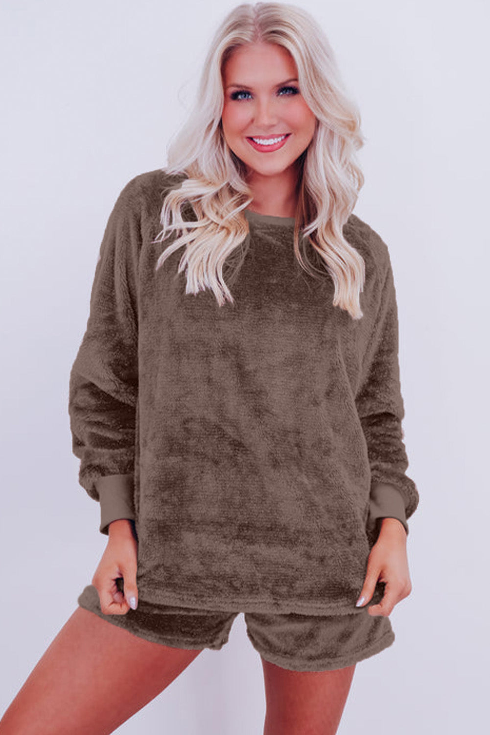 Coffee Solid Loose Fit Two Piece Fleece Lounge Set-Chaelisa's New Jammies