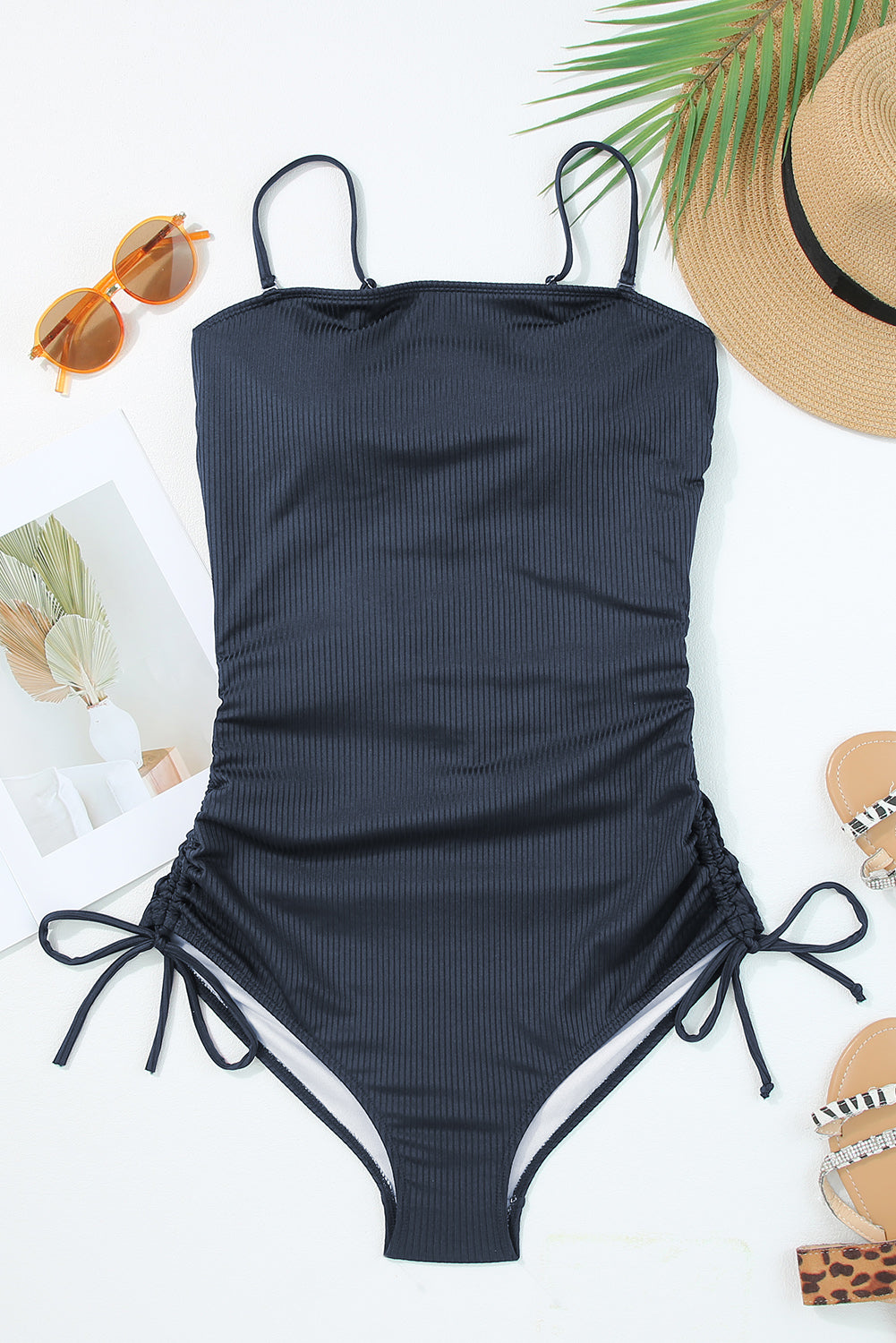 Navy Blue Ribbed Drawstring Sides Cutout One Piece Swimsuit-Chaelisa's New Jammies