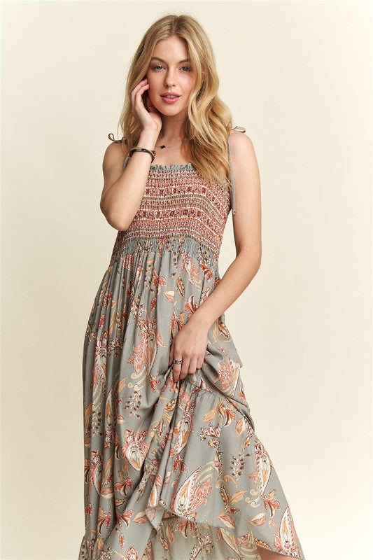 ADORA Smocked Printed Square Neck Tie Shoulder Cami Dress-Chaelisa's New Jammies