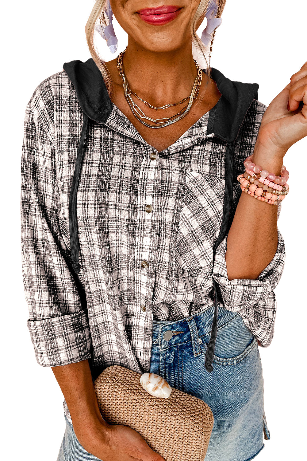 Black Checkered Print Loose Fit Buttoned Hooded Shacket-Chaelisa's New Jammies