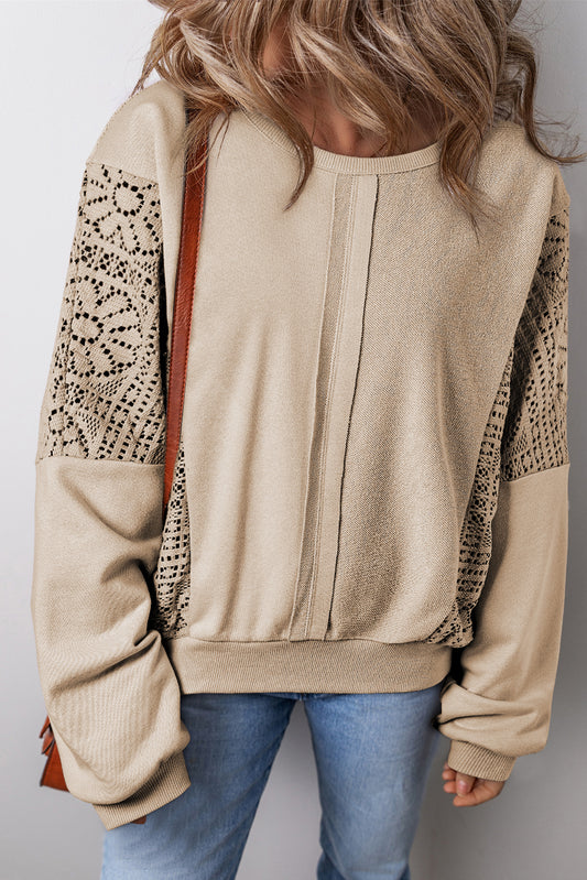 Parchment Knit Crochet Exposed Seam Ribbed Trim Sweatshirt-Chaelisa's New Jammies