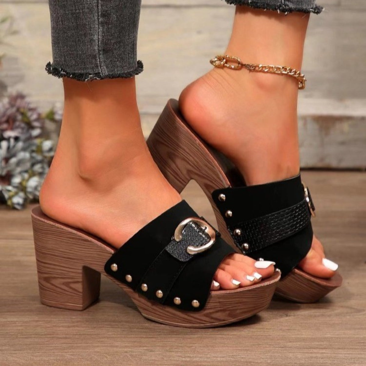 Buckle Trim Block Heel Sandals-Chaelisa's New Jammies