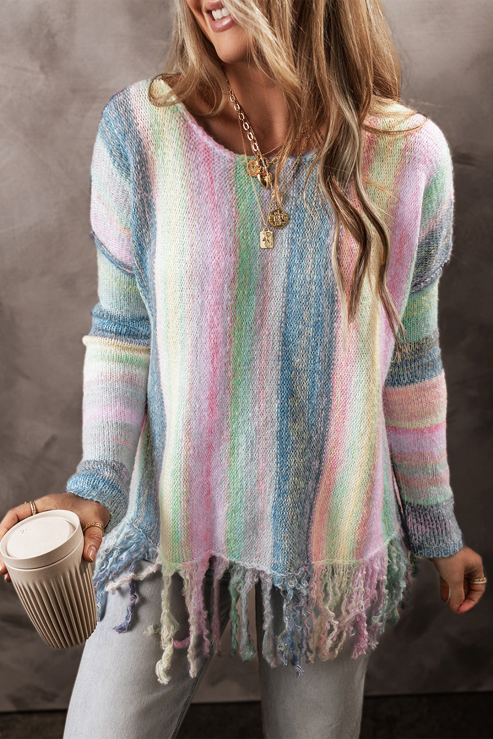 Purple Color Block Fringed Drop Shoulder Tunic Sweater-Chaelisa's New Jammies