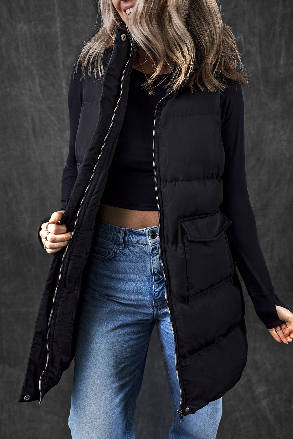 Black Windproof Longline Full Zipper Puffer Vest with Pockets-Chaelisa's New Jammies