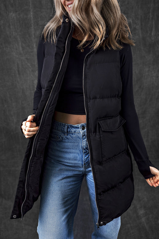 Black Windproof Longline Full Zipper Puffer Vest with Pockets-Chaelisa's New Jammies