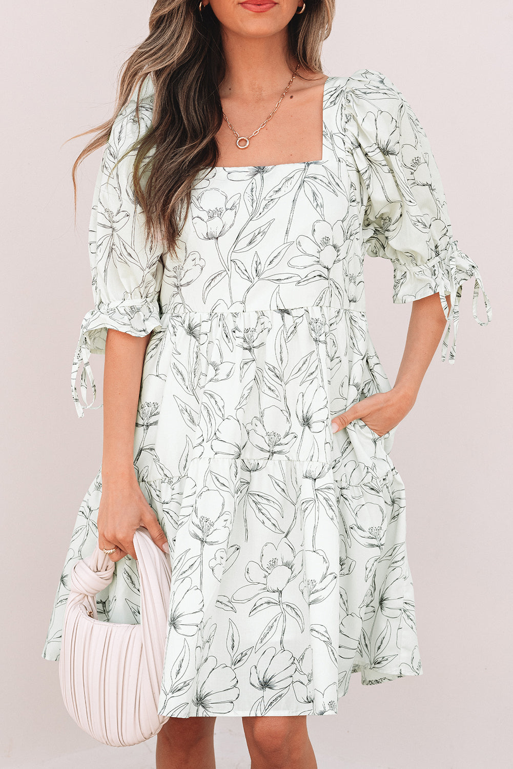 Beige Floral Print Square Neck Shirred Back Puff Sleeve Mini Dress-Chaelisa's New Jammies