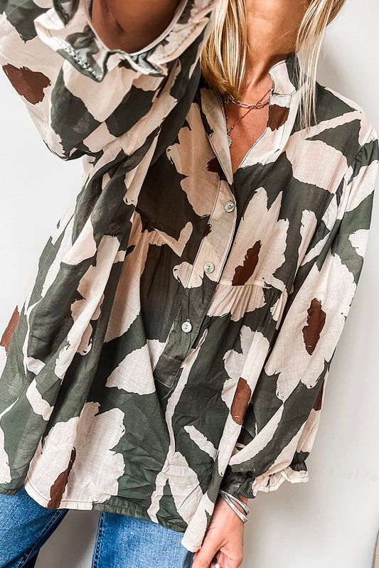 Four Leaf Clover Abstract Floral Print Puff Sleeve Half Button Blouse-Chaelisa's New Jammies