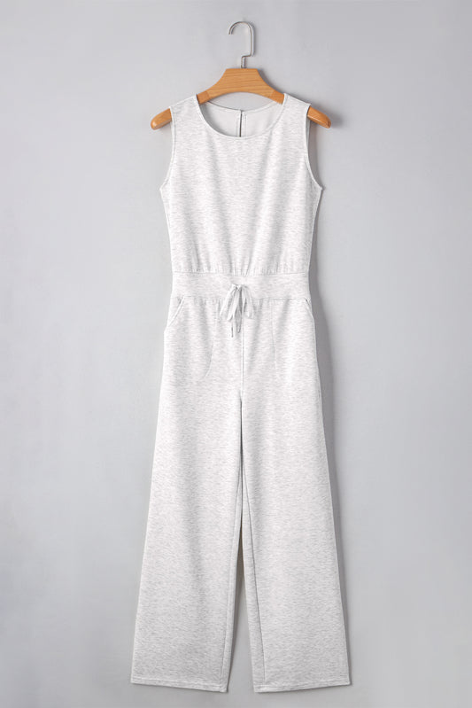 Light Grey Solid Color Crew Neck Drawstring High Waist Sleeveless Jumpsuit-Chaelisa's New Jammies