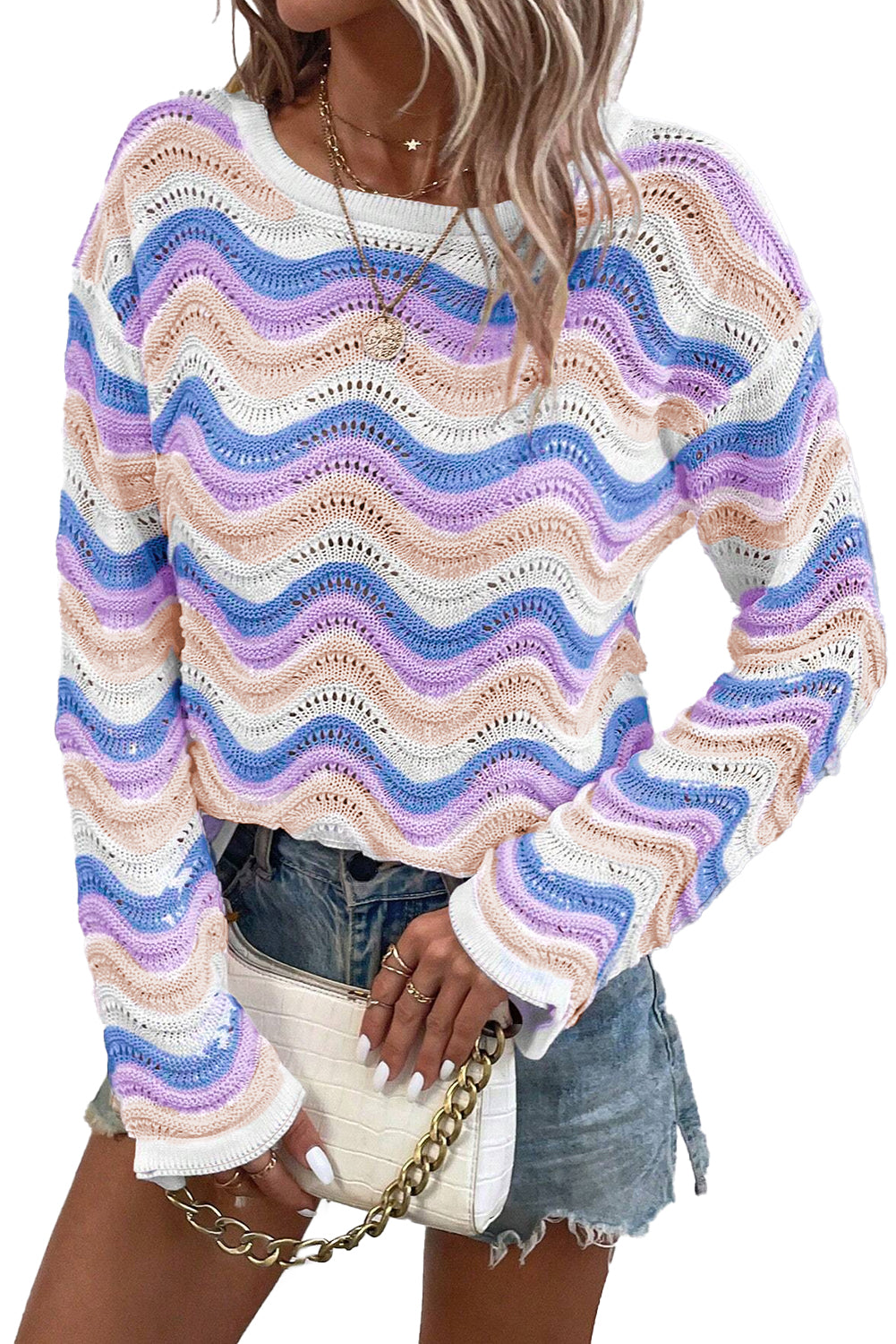 Purple Stripe Wavy Pointelle Knit Drop Shoulder Sweater-Chaelisa's New Jammies