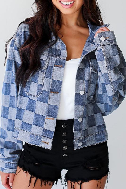 Light Blue Checkered Patchwork Button up Denim Jacket-Chaelisa's New Jammies