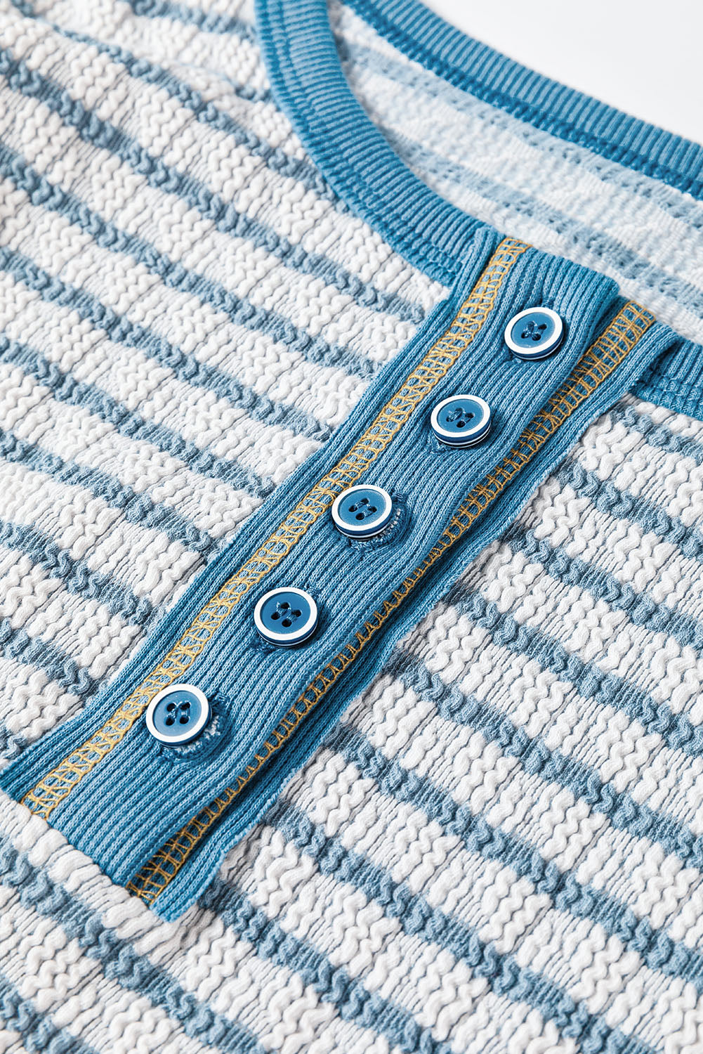 Sky Blue Stripe Textured Frilly Trim Buttons Henley Long Sleeve Top-Chaelisa's New Jammies