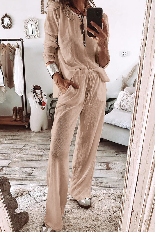 Parchment Textured Long Sleeve T Shirt and Pants Lounge Set-Chaelisa's New Jammies