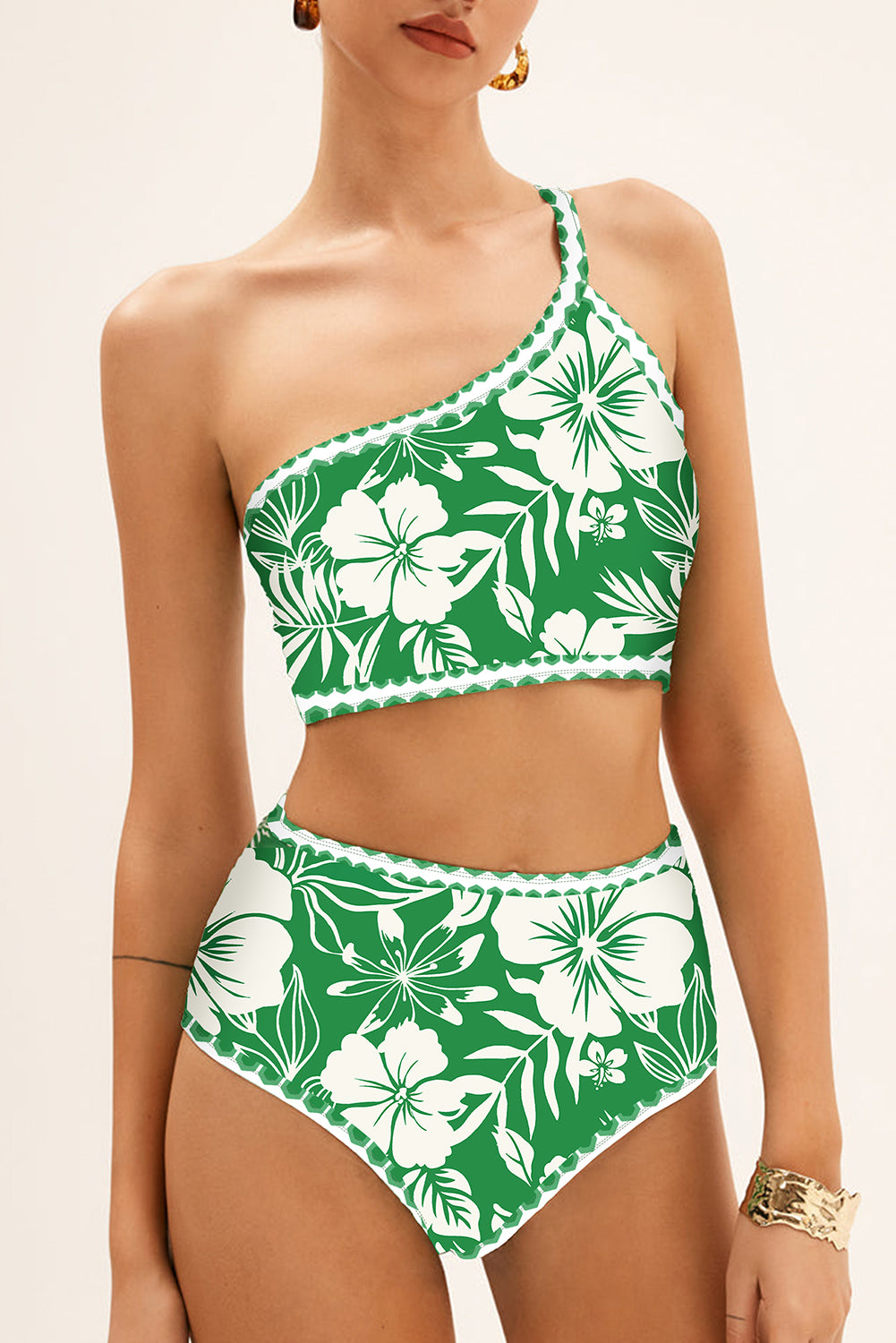 Green Floral Print One Shoulder High Waist Bikini Set-Chaelisa's New Jammies