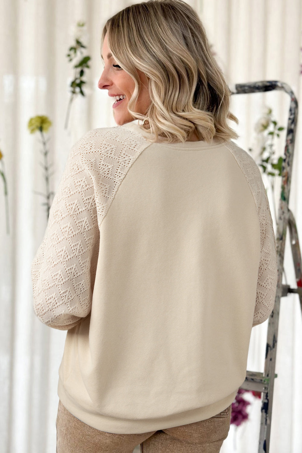 Parchment Eyelet Knit Patchwork Raglan Sleeve Pullover Top-Chaelisa's New Jammies