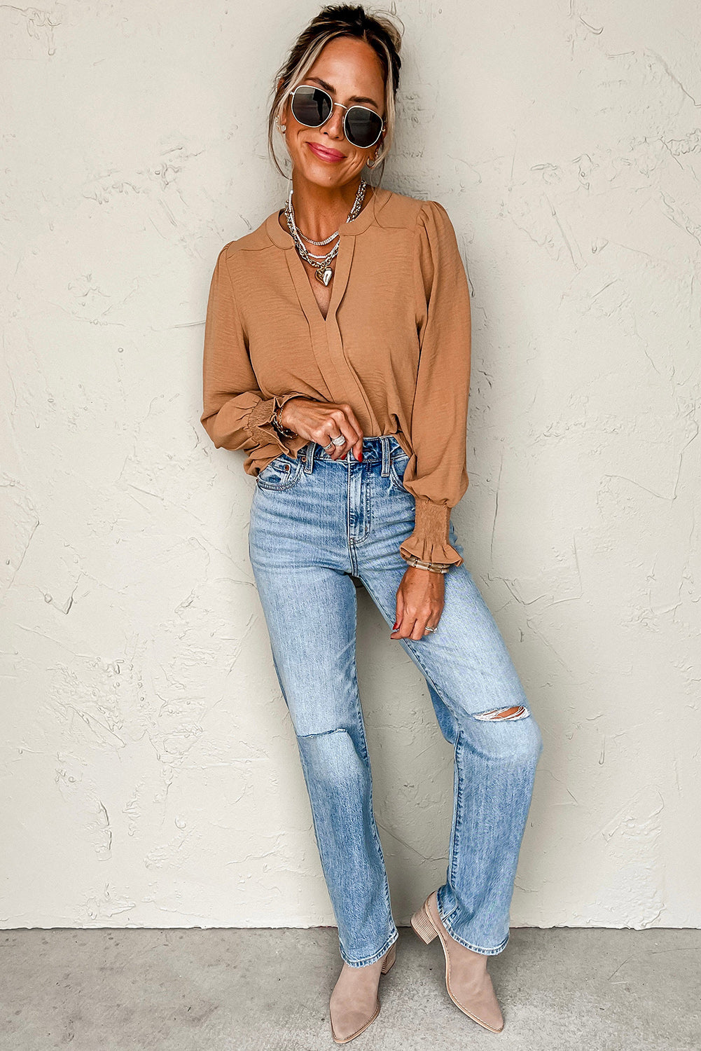 Straw Yellow Solid Color Shirred Cuff Notch V Neck Blouse-Chaelisa's New Jammies