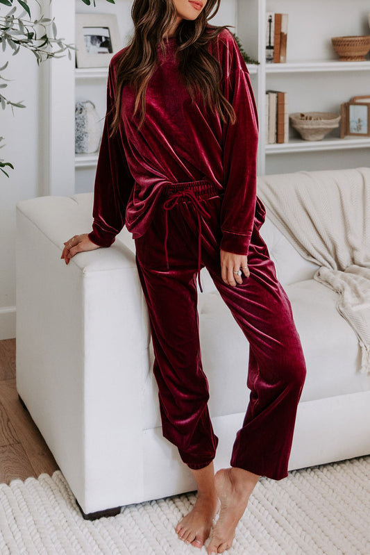 Fiery Red Solid Velvet Two Piece Lounge Set-Chaelisa's New Jammies