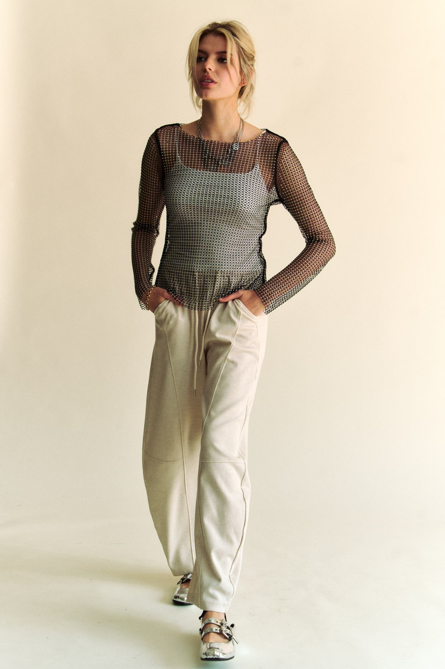 Davi & Dani Sparkling Rhinestone Sheer Mesh Round Neck Top-Chaelisa's New Jammies