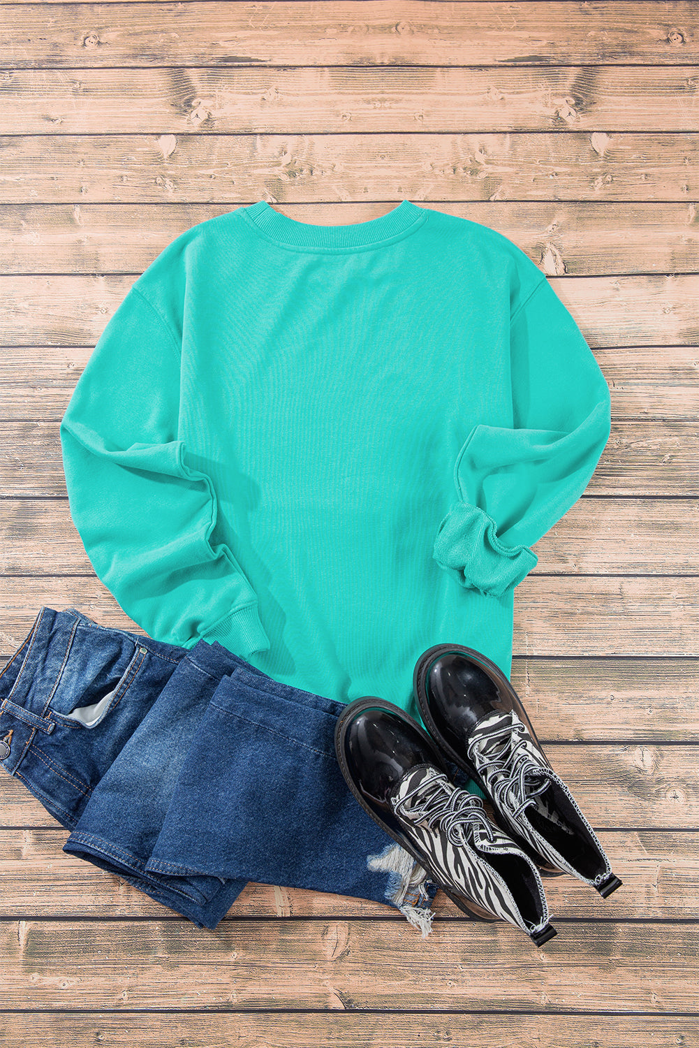 Aruba Blue Plain Drop Shoulder Crewneck Pullover Sweatshirt-Chaelisa's New Jammies