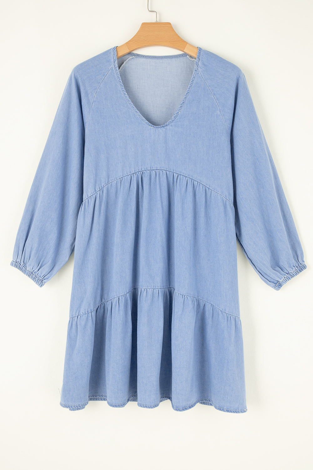 Beau Blue Puff Sleeve V Neck Tiered Ruffled Chambray Mini Dress-Chaelisa's New Jammies