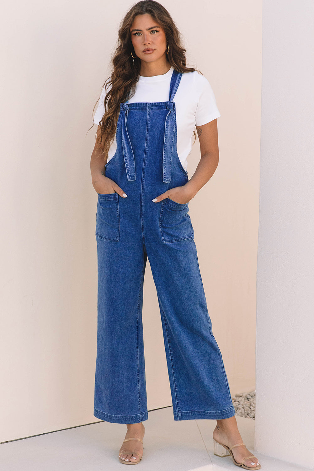 Prussian Blue Mineral Wash Knotted Strap Patched Pocket Wide Leg Denim Overalls-Chaelisa's New Jammies