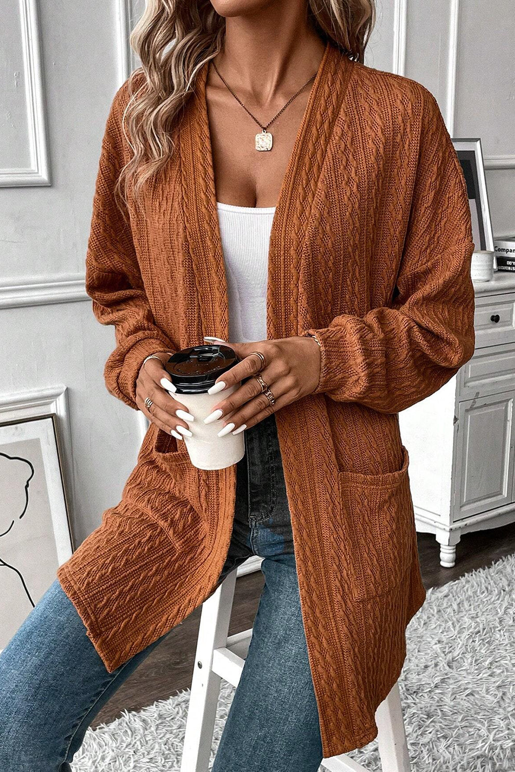 Chestnut Textured Knit Side Pockets Open Front Cardigan-Chaelisa's New Jammies