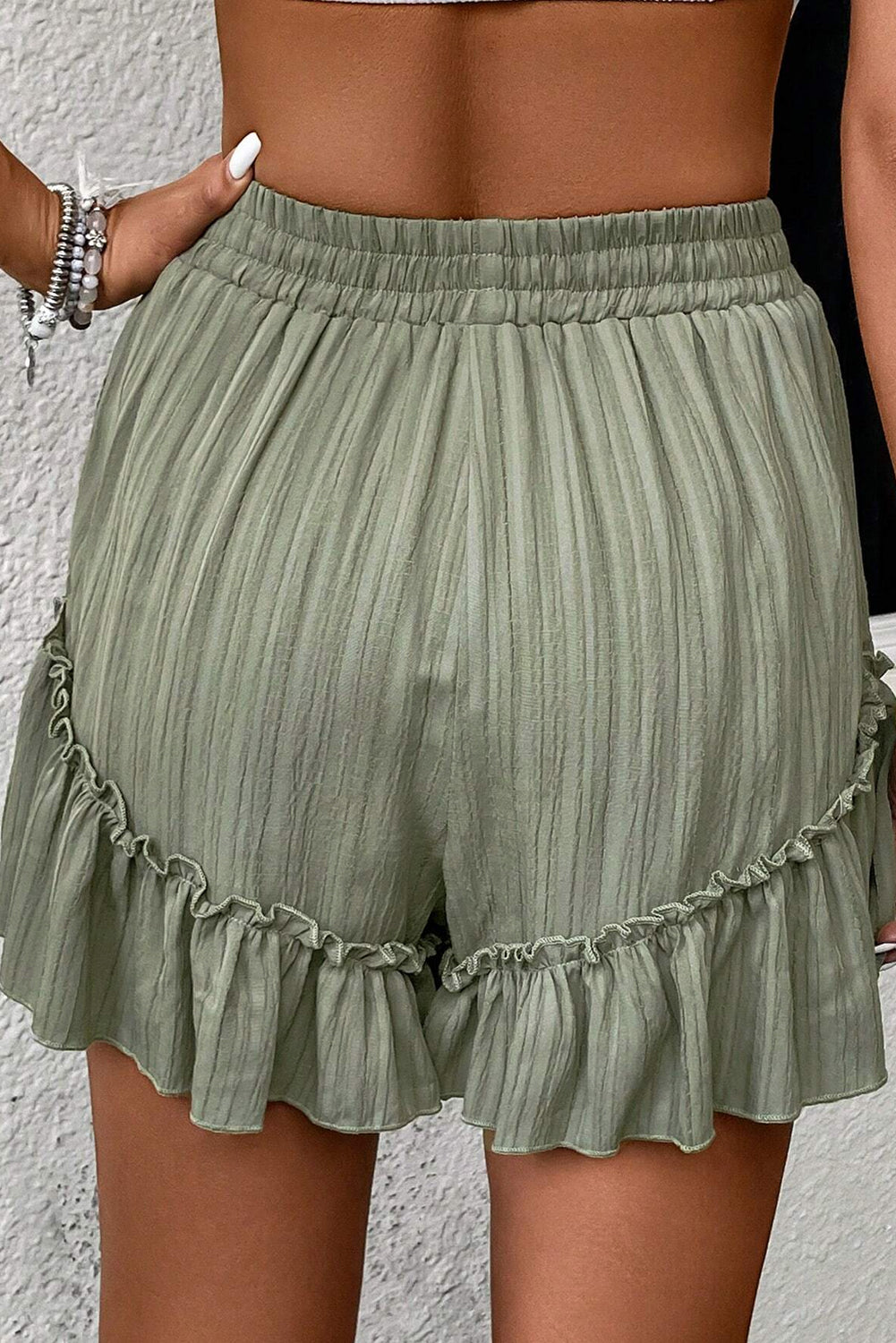 Laurel Green Textured Tie Waist Ruffle Hem Shorts-Chaelisa's New Jammies