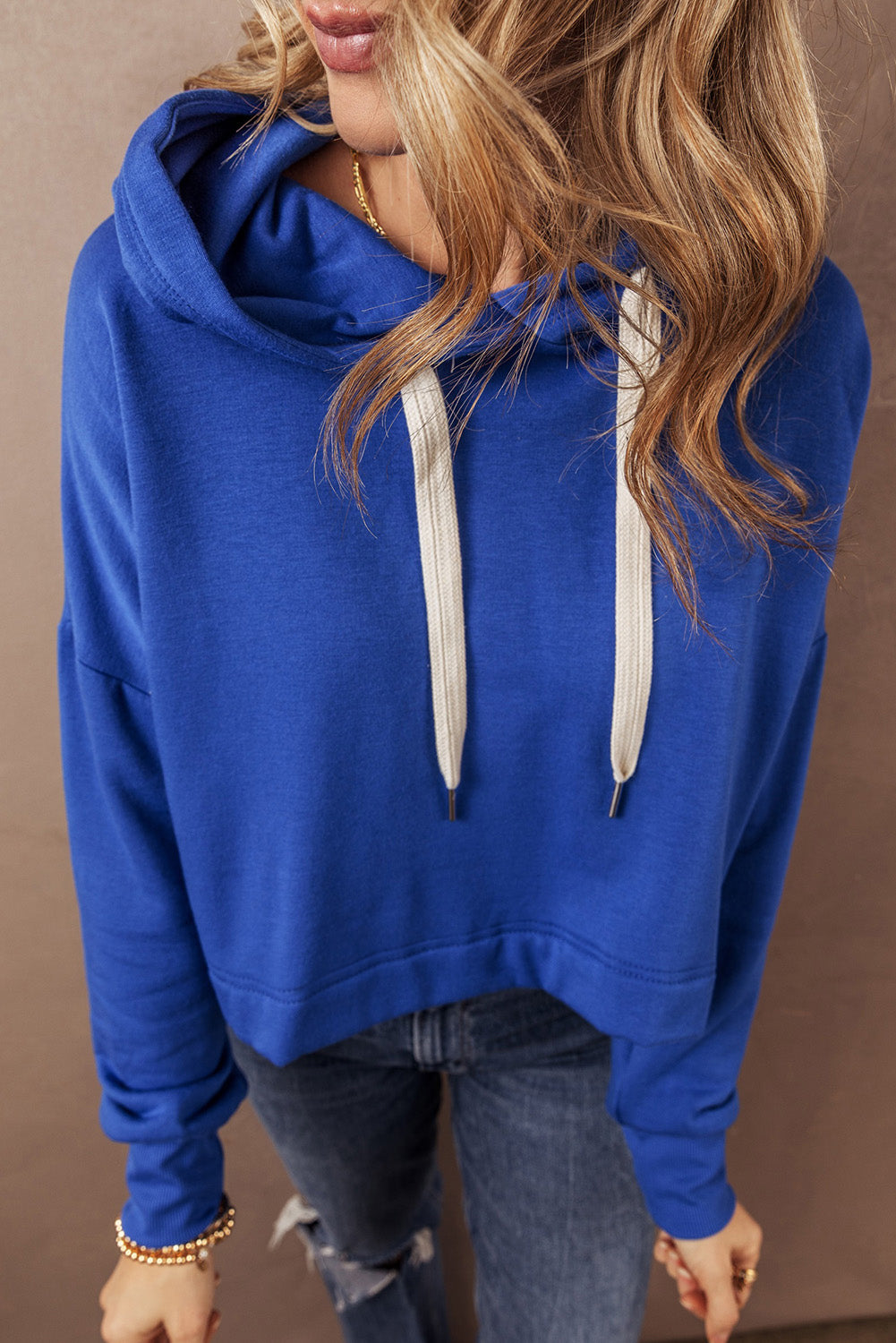 Dark Blue Solid Drop Shoulder Drawstring Cropped Hoodie-Chaelisa's New Jammies