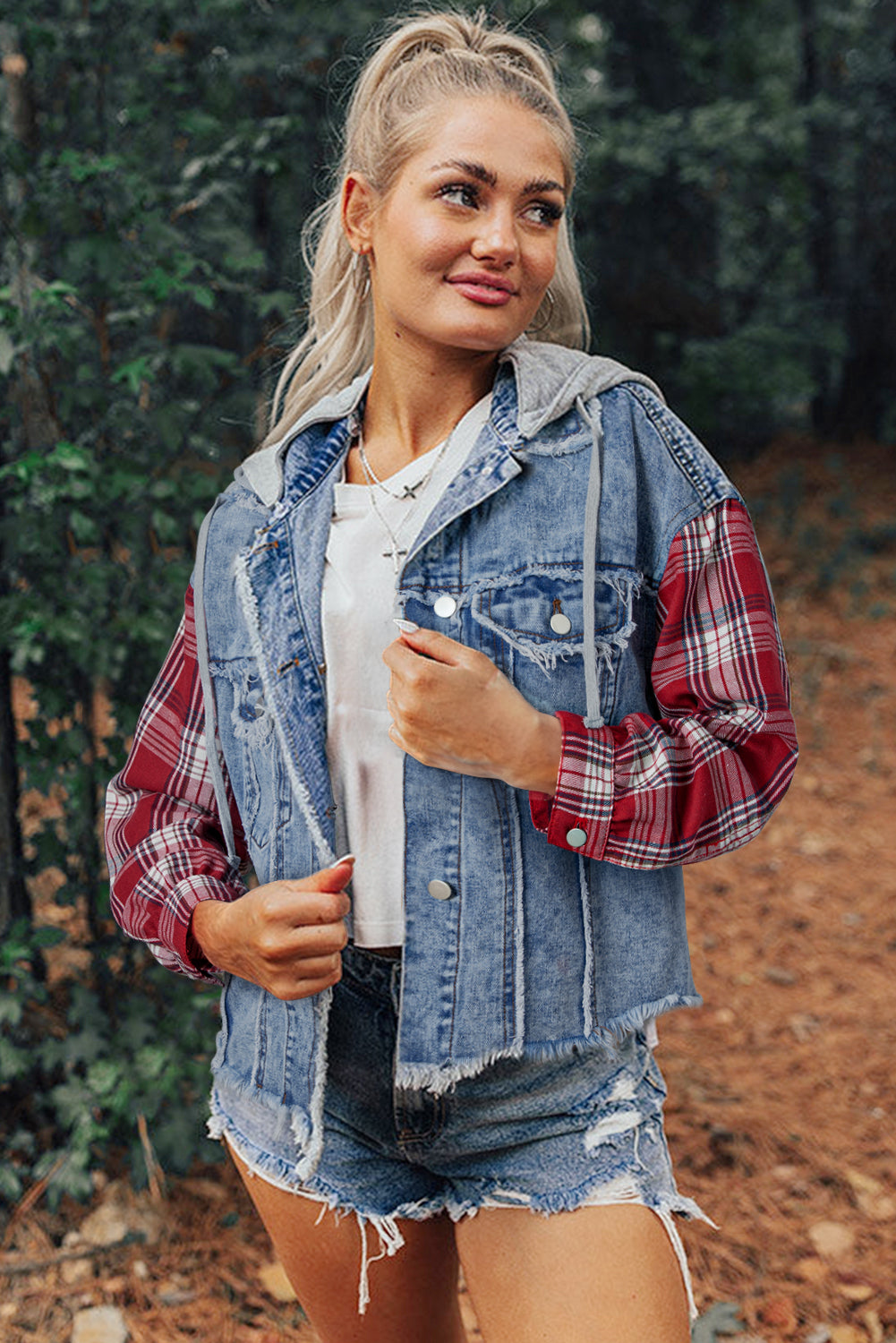 Beau Blue Plaid Print Patchwork Hooded Raw Hem Denim Jacket-Chaelisa's New Jammies