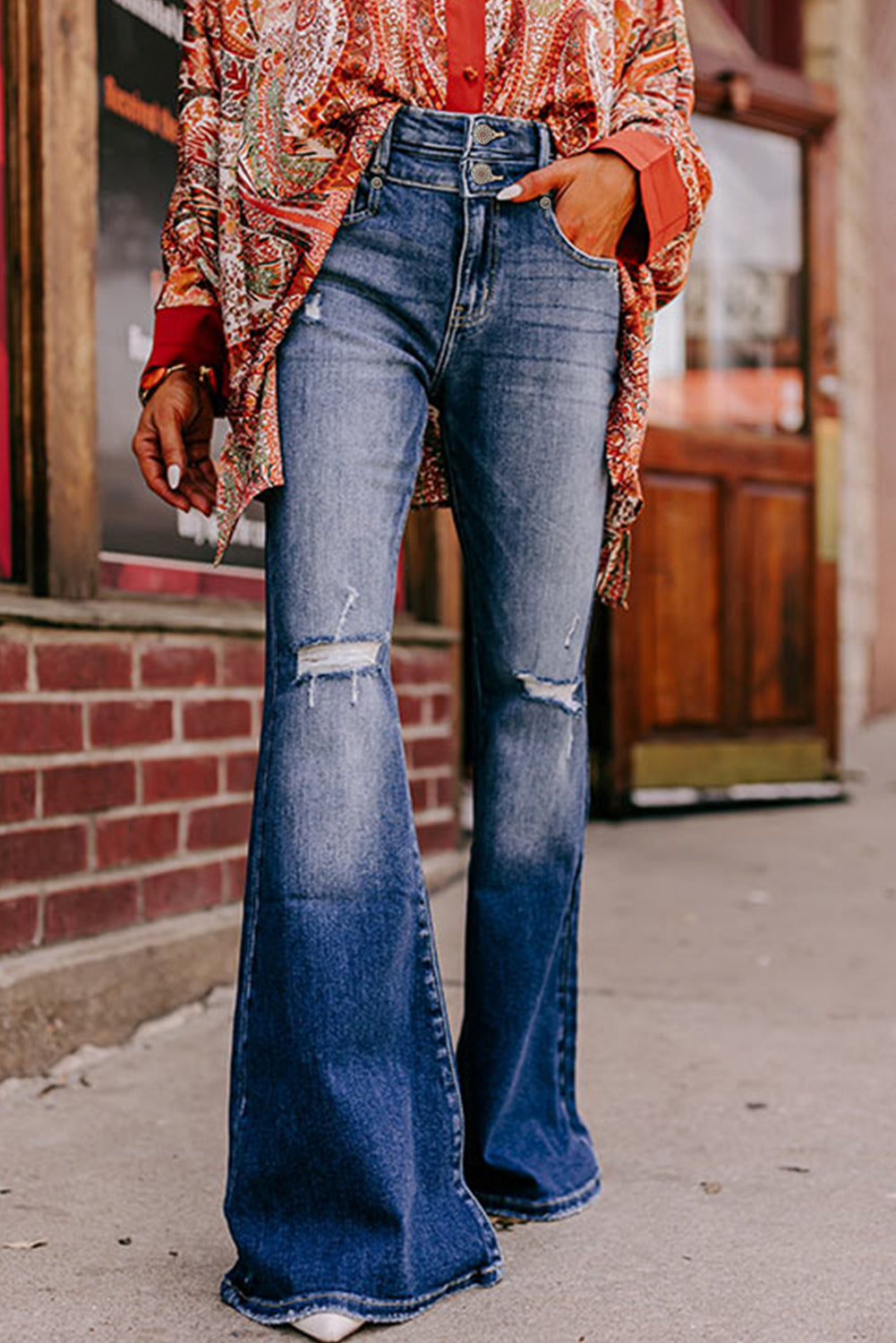 Sky Blue Button Fly Ripped High Waist Flare Jeans-Chaelisa's New Jammies